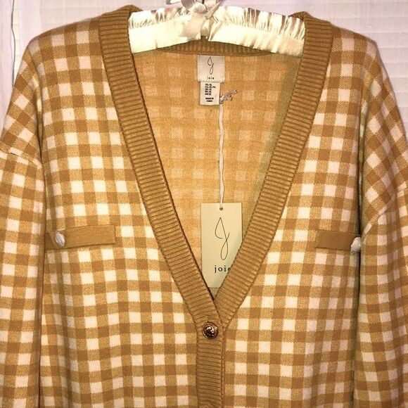 joie L XL Gold White Gingham Boyfriend Cardigan Gold Button Down Pockets - Picture 5 of 11